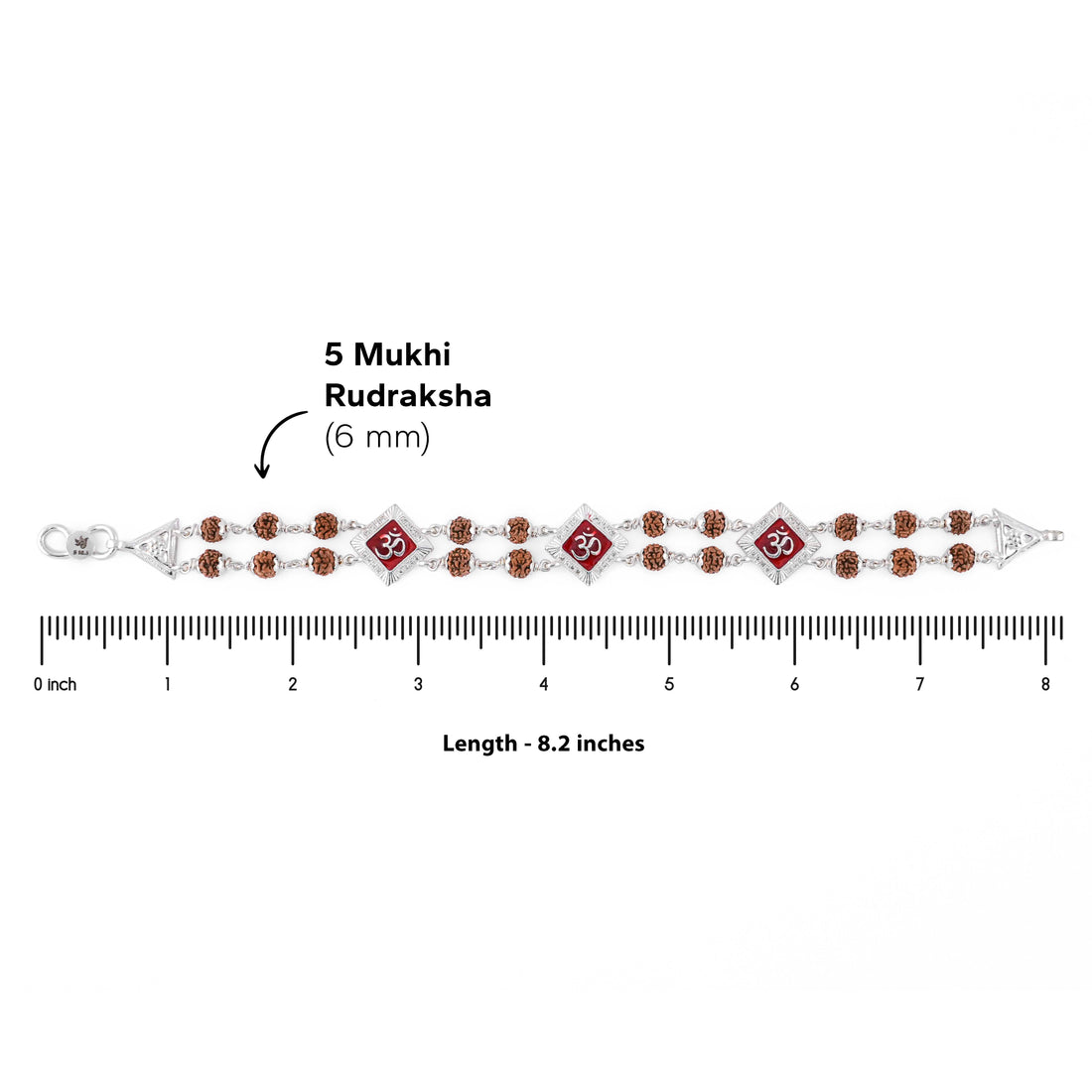 Silver Rakhi with Rudraksha, Om, and Three Rhombus Brooches, Double Line Design