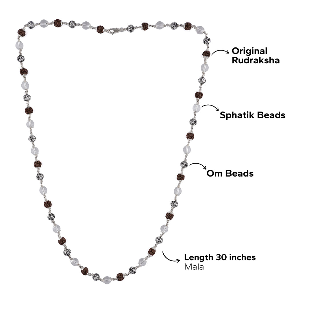 Rudraksha with Sphatik and Om Silver Beads Mala