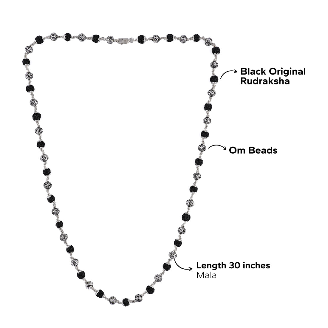Black Rudraksha with Om Silver Beads Mala