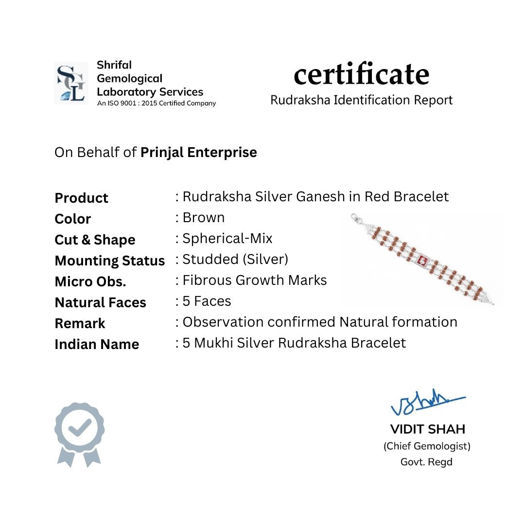 Rudraksha Silver Ganesh in Red Triple Line Bracelet