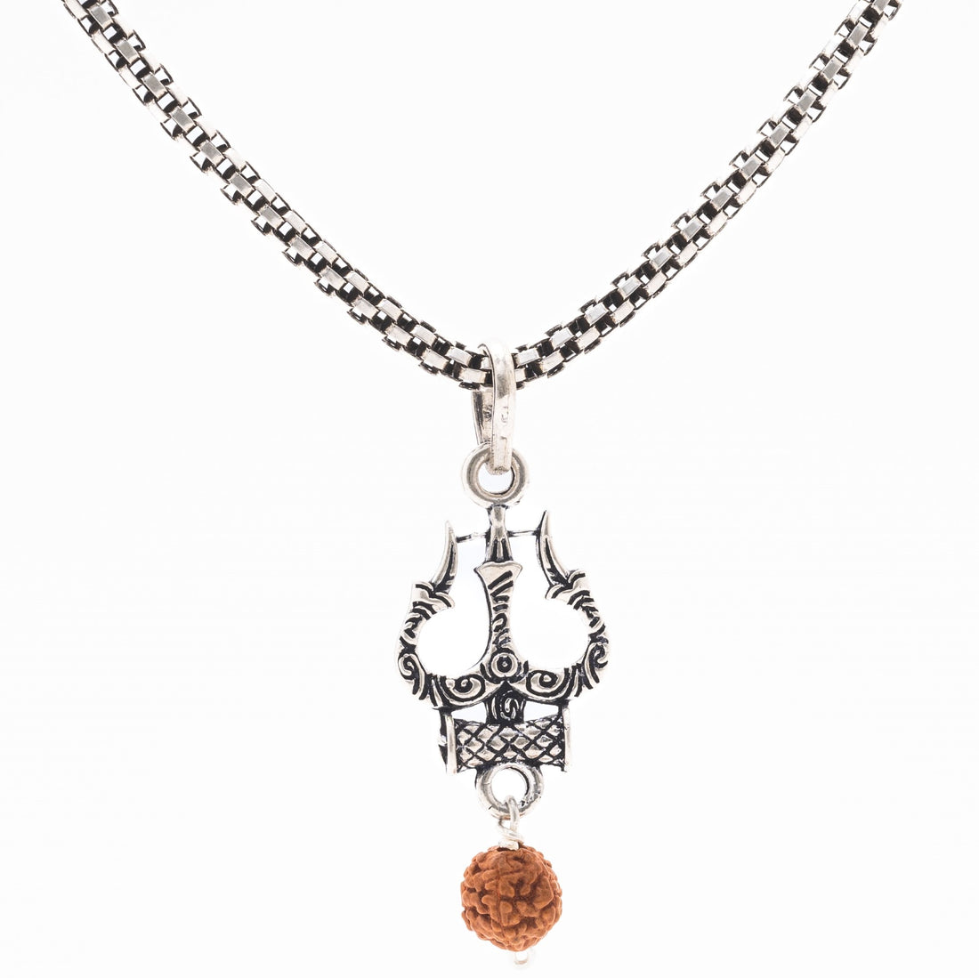 Rudraksha Silver with Trishul and Damru Chain with Pendant for Men