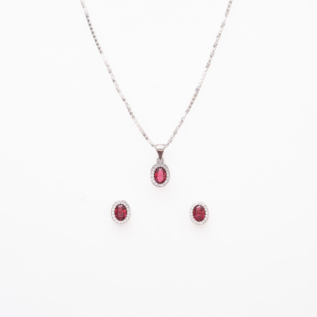 Silver Set Chain Pendant and Earrings with Red Stones for Women