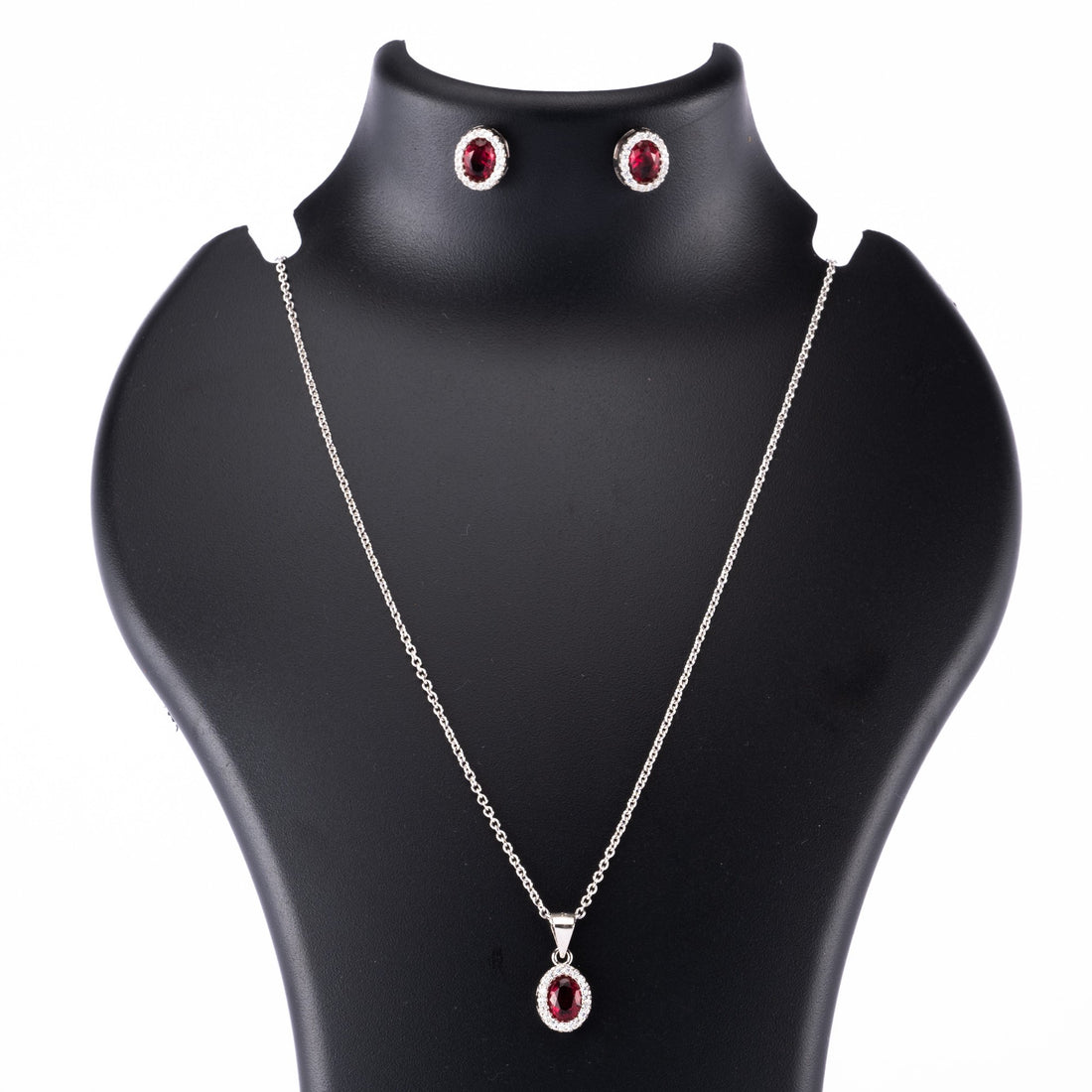 Silver Set Chain Pendant and Earrings with Red Stones for Women