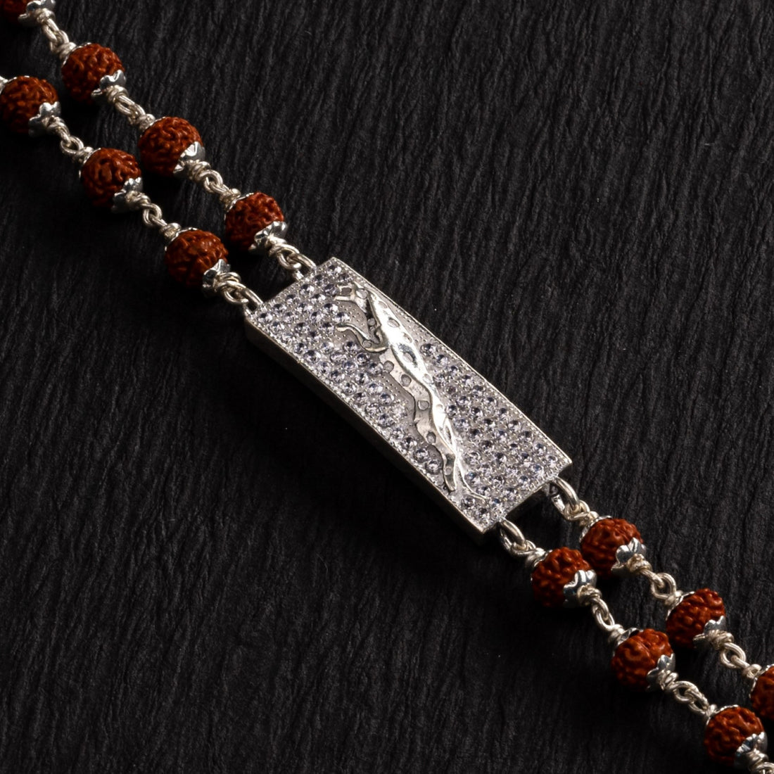 Rudraksha Silver Jaguar Symbol Double Line Bracelet