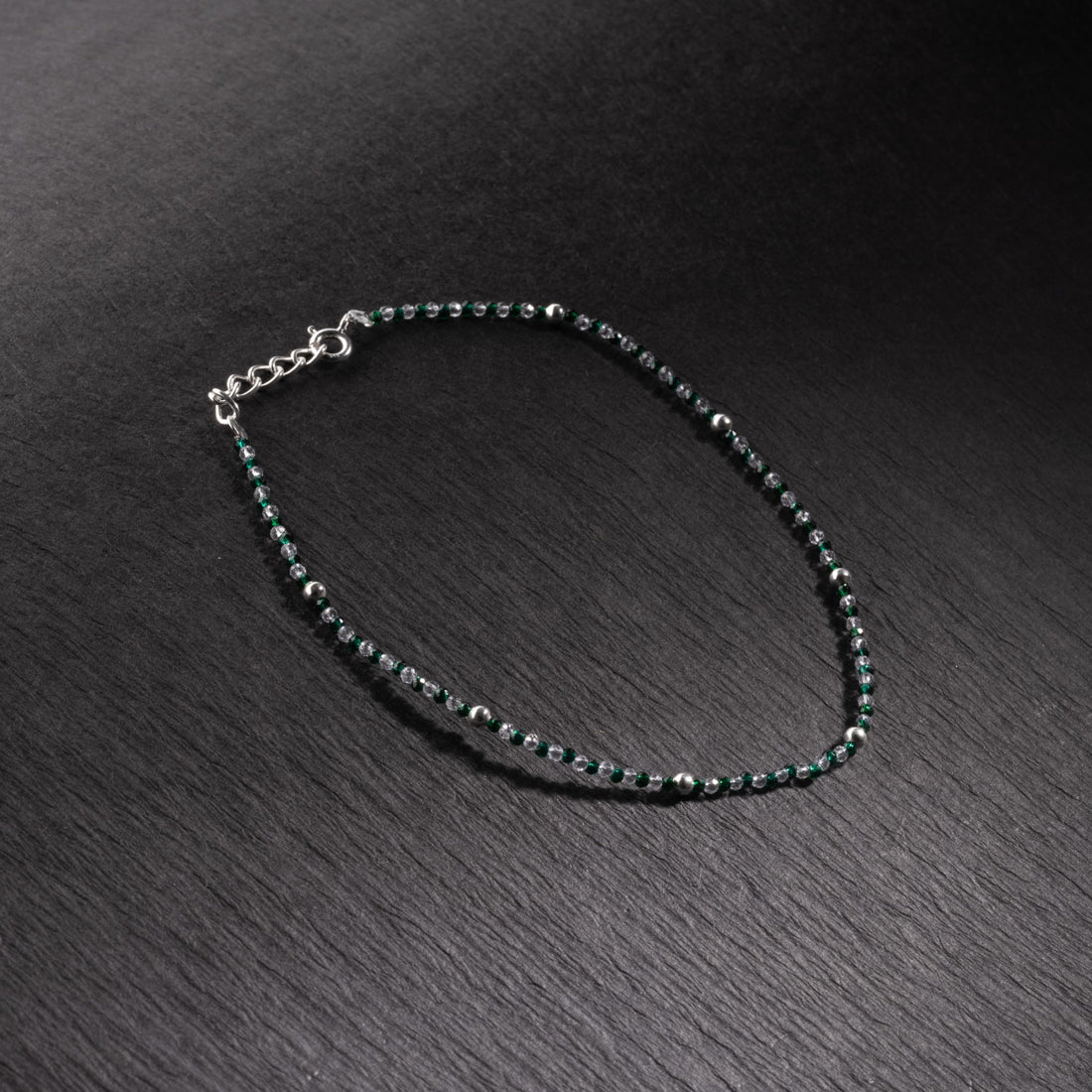 silver and dark green beads anklets for women