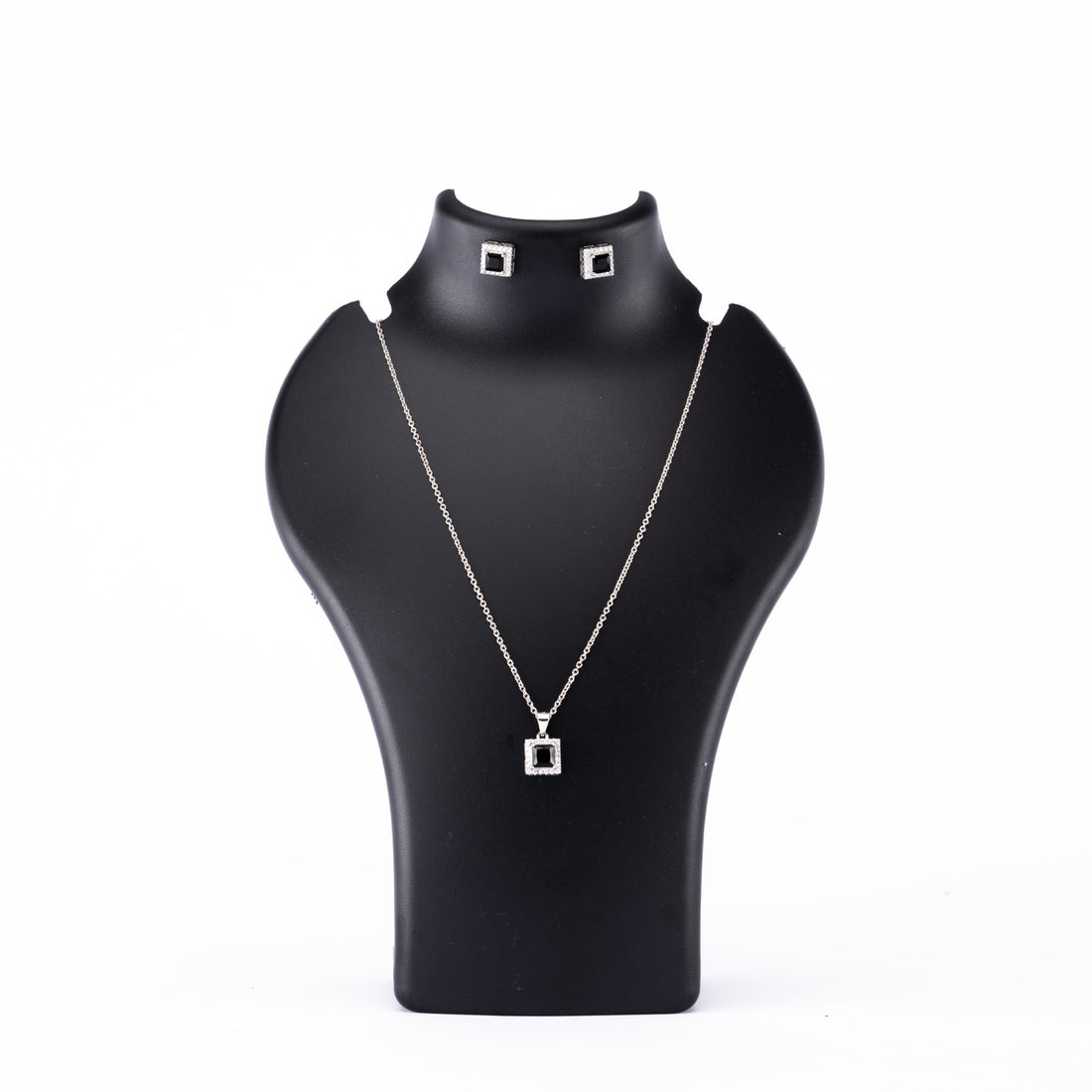 Silver set Chain square pendant and earrings with black stones for women