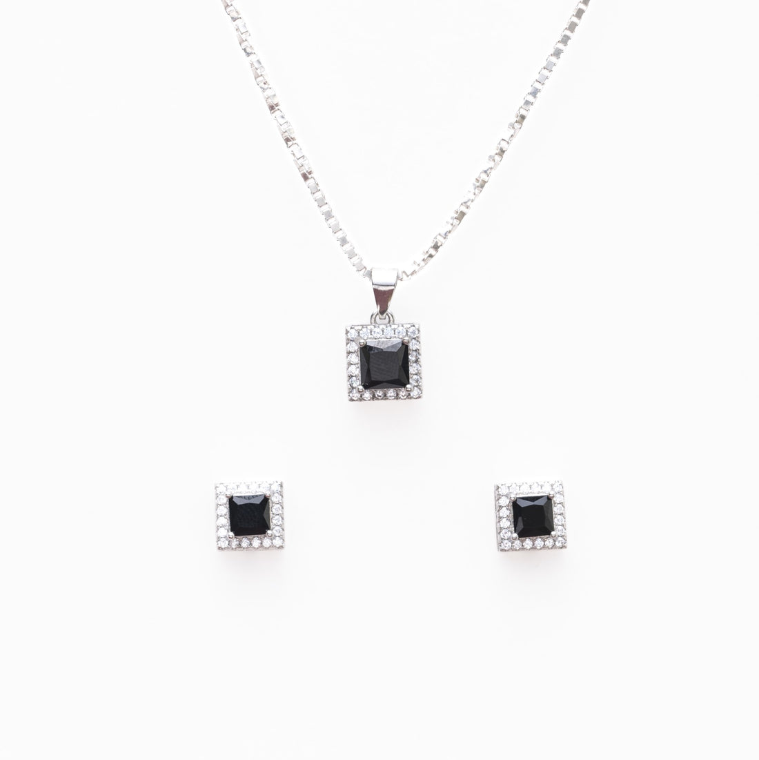Silver set Chain square pendant and earrings with black stones for women