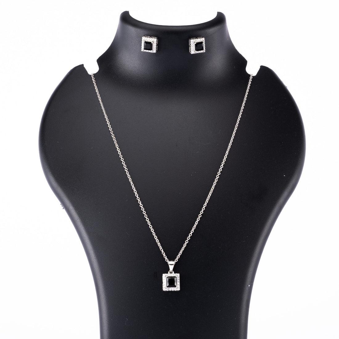 Silver set Chain square pendant and earrings with black stones for women