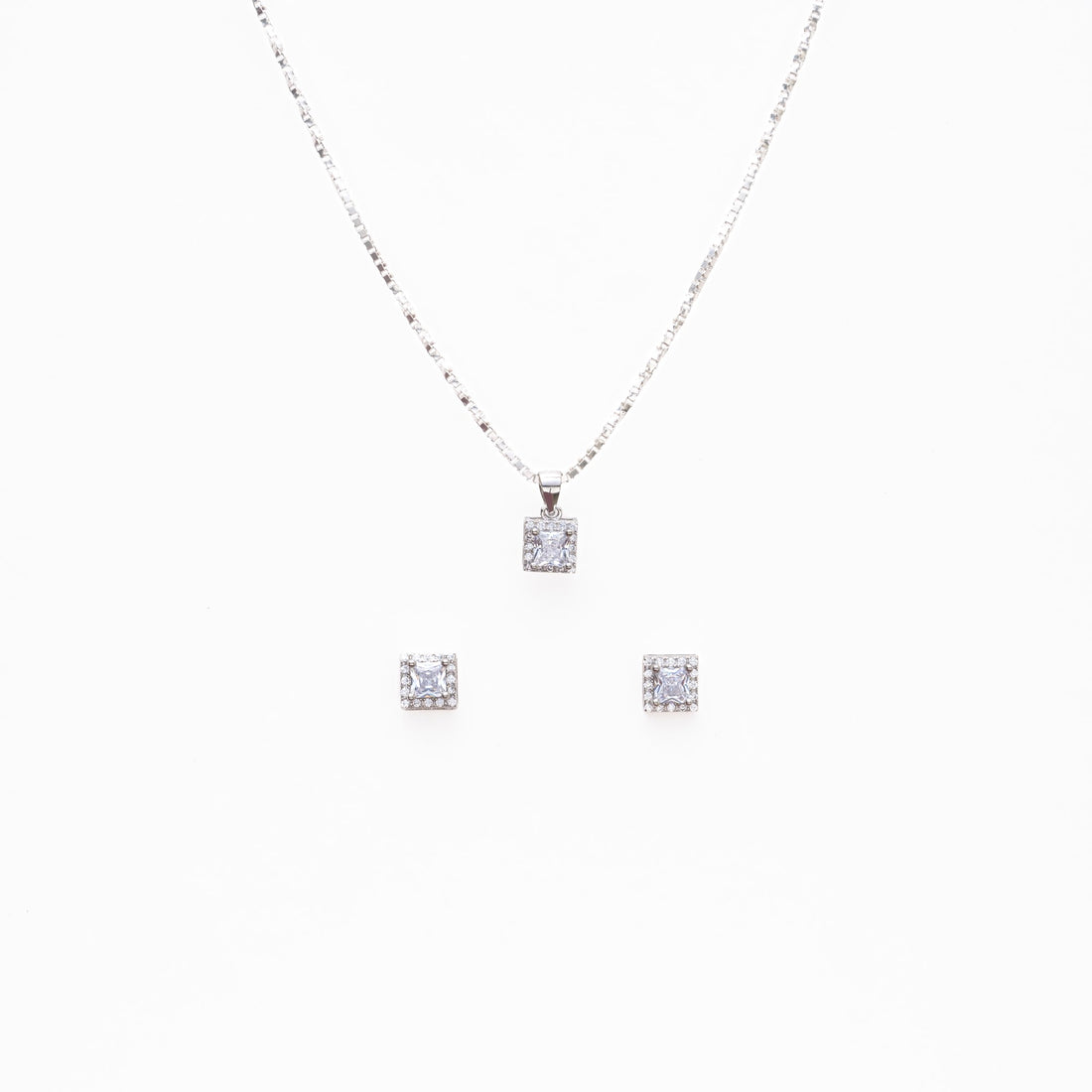 Silver Set Chain Square Pendant and Earrings with Sparkling Stones for Women