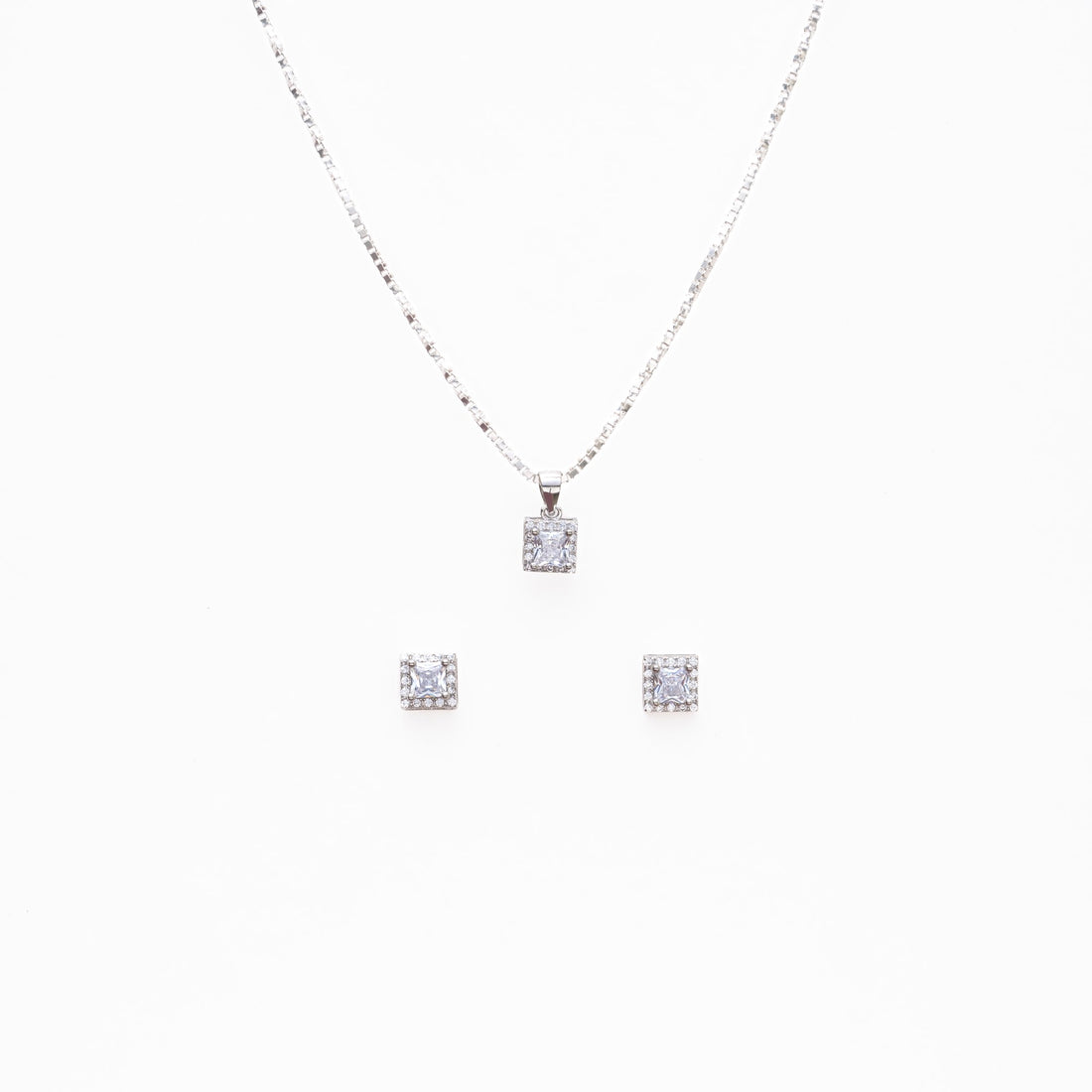Silver Set Chain Square Pendant and Earrings with Sparkling Stones for Women