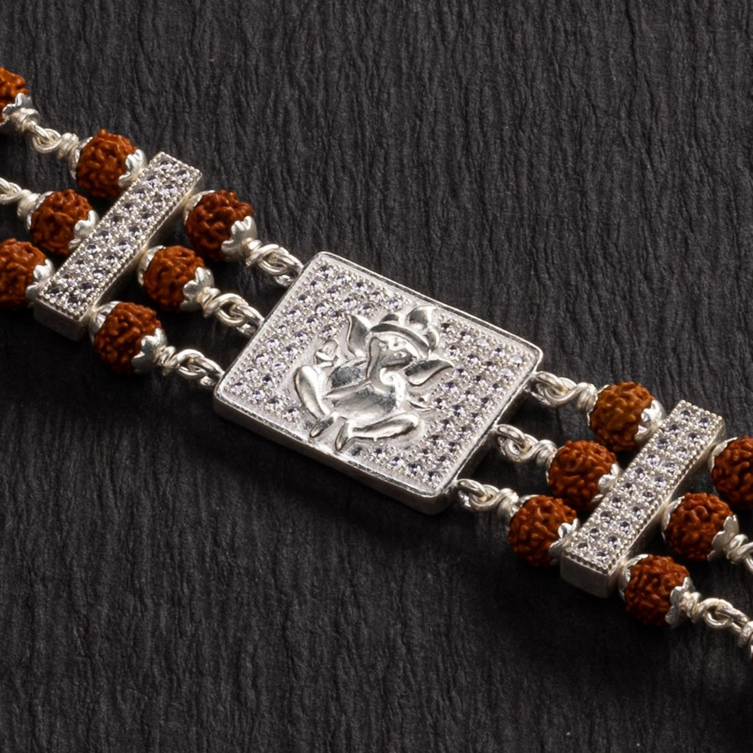 Rudraksha Silver Brooch Ganesh Triple Line Bracelet