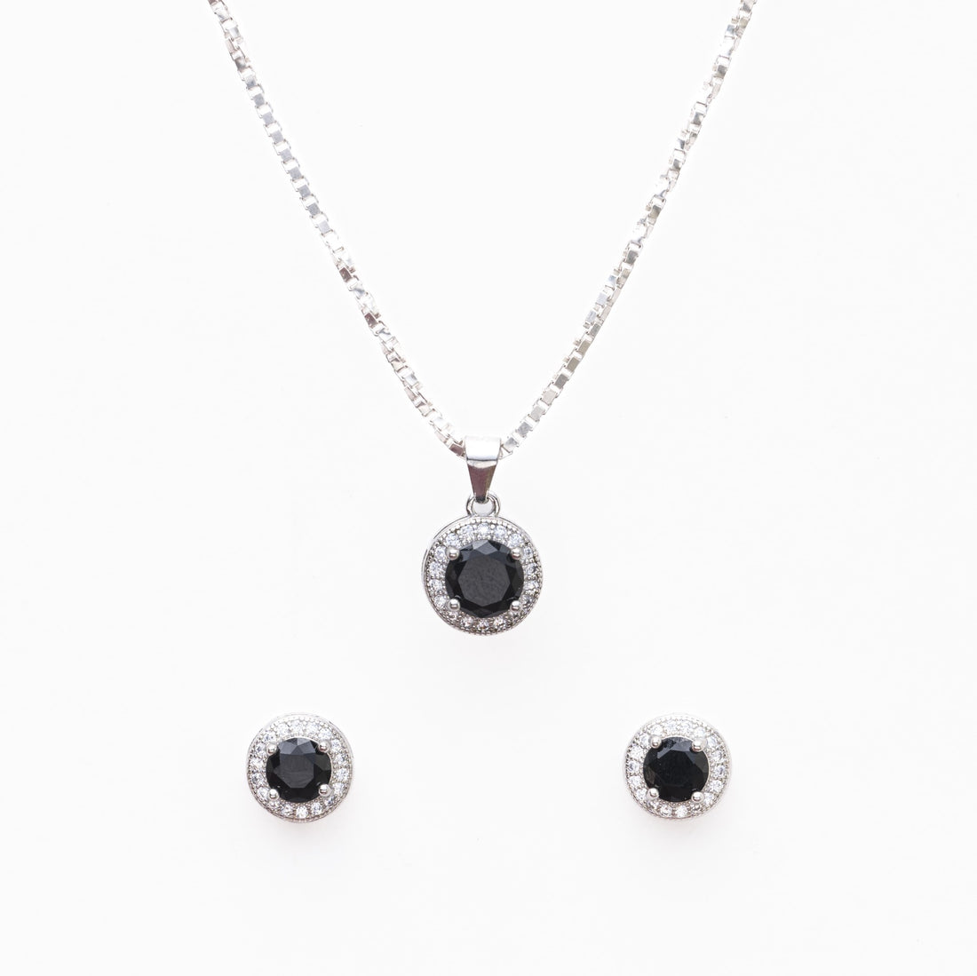 Silver Set Chain Circular Pendant and Earrings with Black Stones for Women