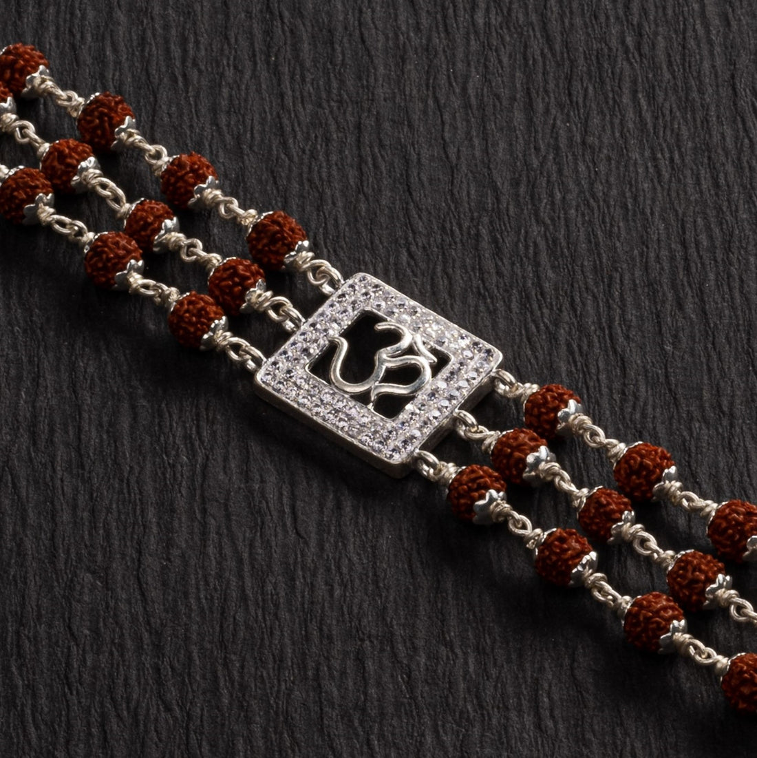 Rudraksha Silver Om in Square Triple Line Bracelet
