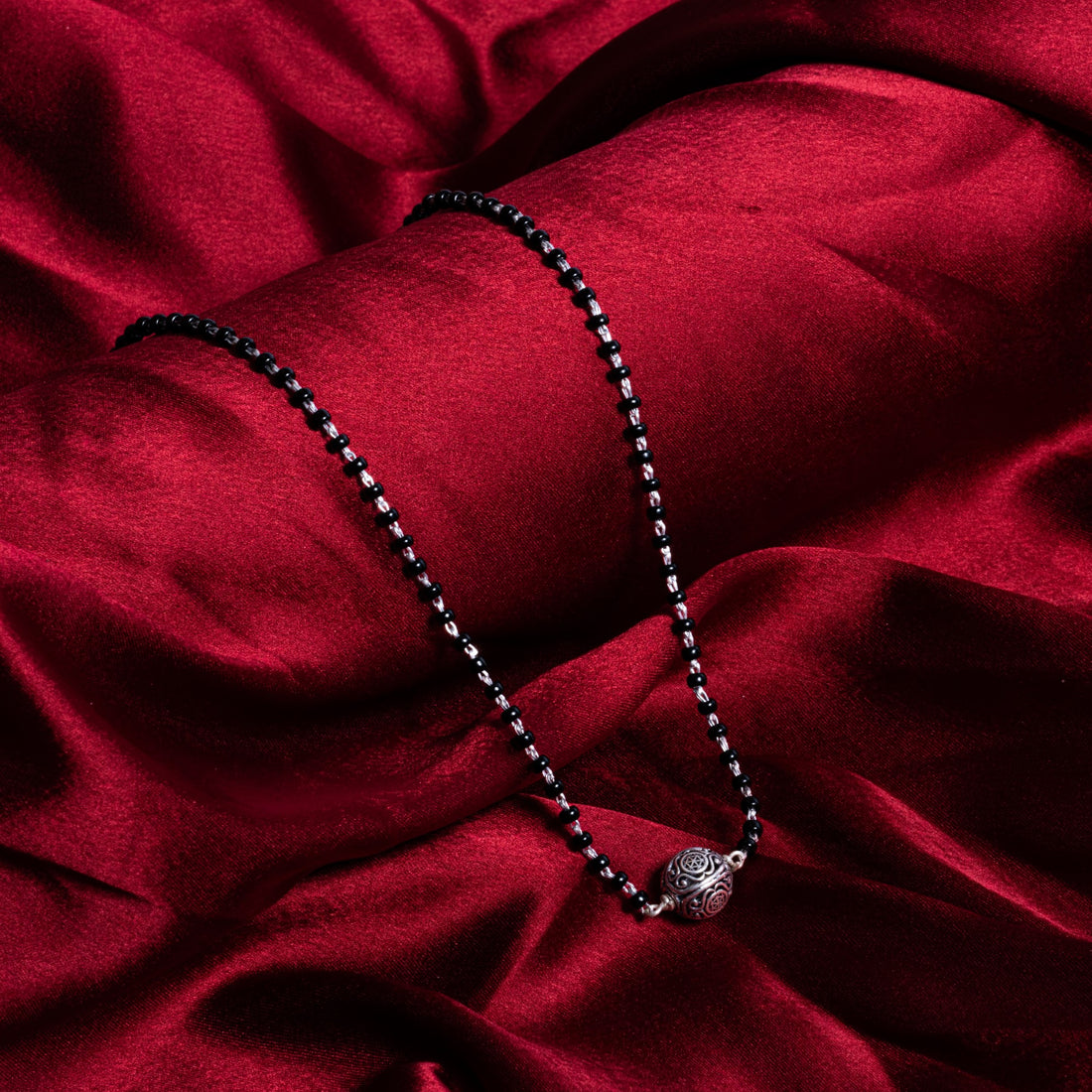 Original Black Beads Mangal Sutra with Silver Circular Pendant for Women