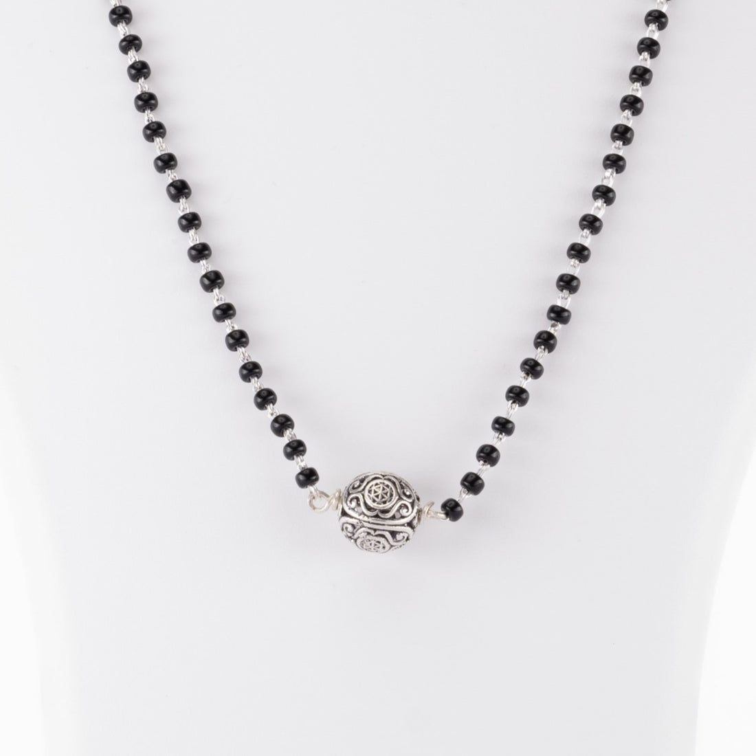 Original Black Beads Mangal Sutra with Silver Circular Pendant for Women