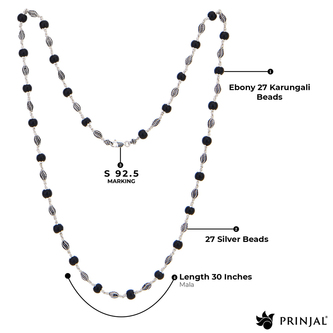 Karungali Silver Mala (Marquise Beads)