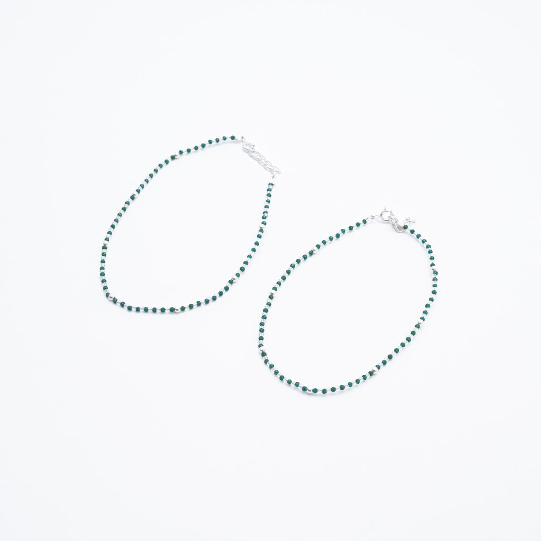 silver and dark green beads anklets for women