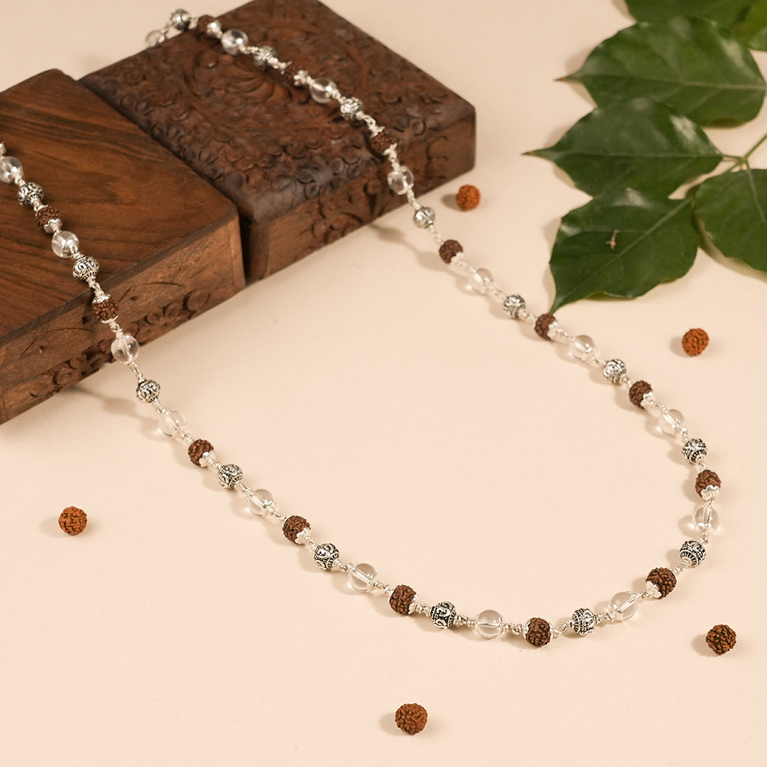 Authentic Rudraksha with Sphatik and Om Silver Beads Mala