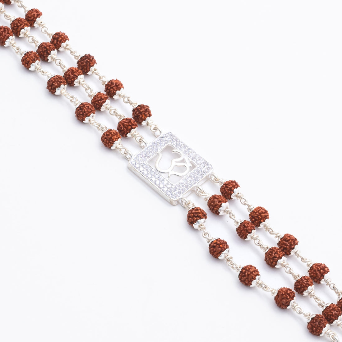 Rudraksha Silver Om in Square Triple Line Bracelet