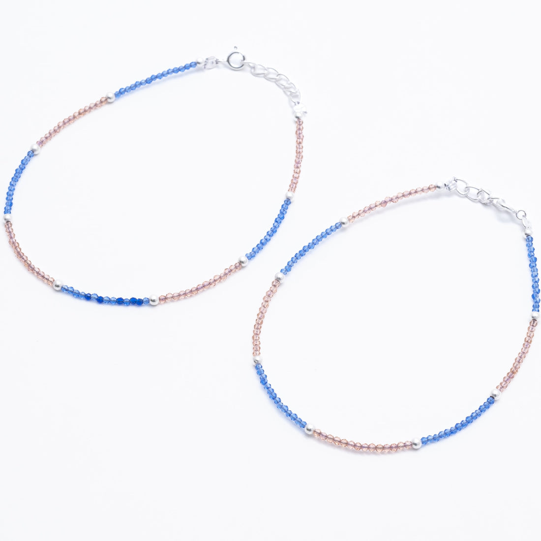 Pink and Dark Blue Beads Silver Anklets for Women