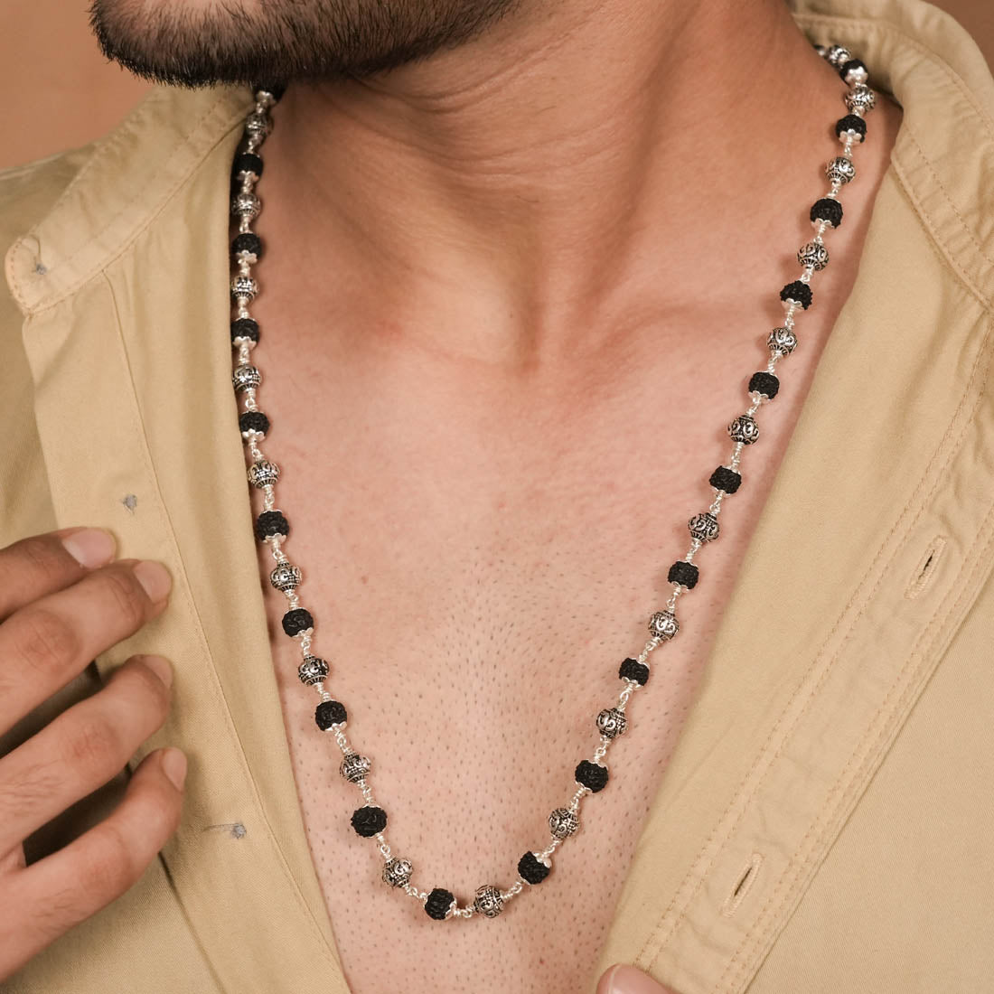 Buy Black Rudraksha with Om Silver Beads Mala