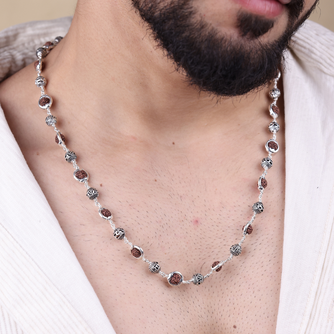 Original Rudraksha Capping With Om Namah Shivay Beads Silver Mala