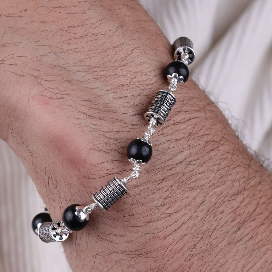 Original Karungali with Hollow Cylindrical Silver Bracelet