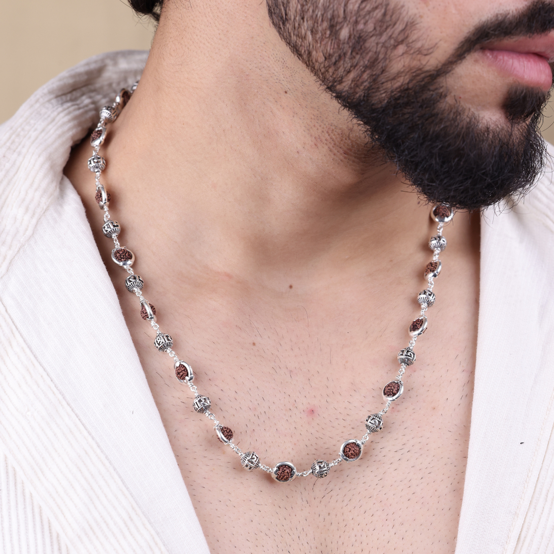 Original Rudraksha Capping With Jay Shree Ram Beads Silver Mala