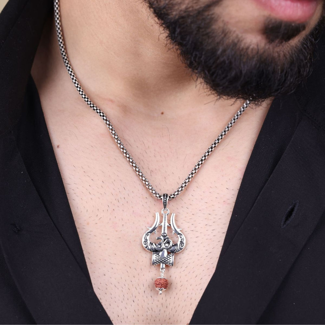 Authentic Om Trishul Mahakal Rudraksha Silver Pendant