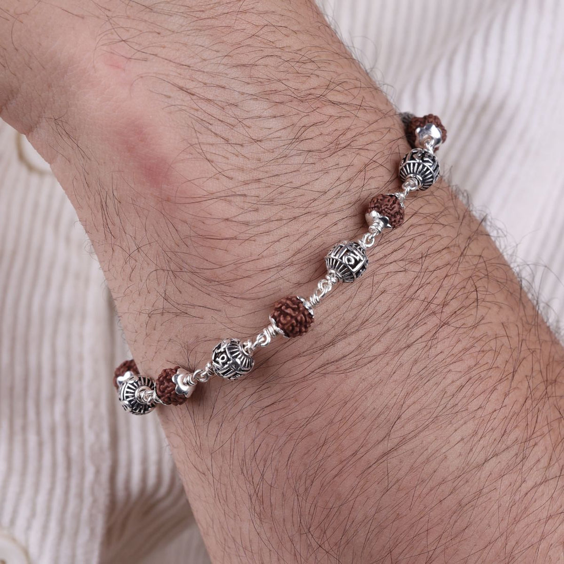 Original Rudraksha With Shree Hari Silver Bead Bracelet