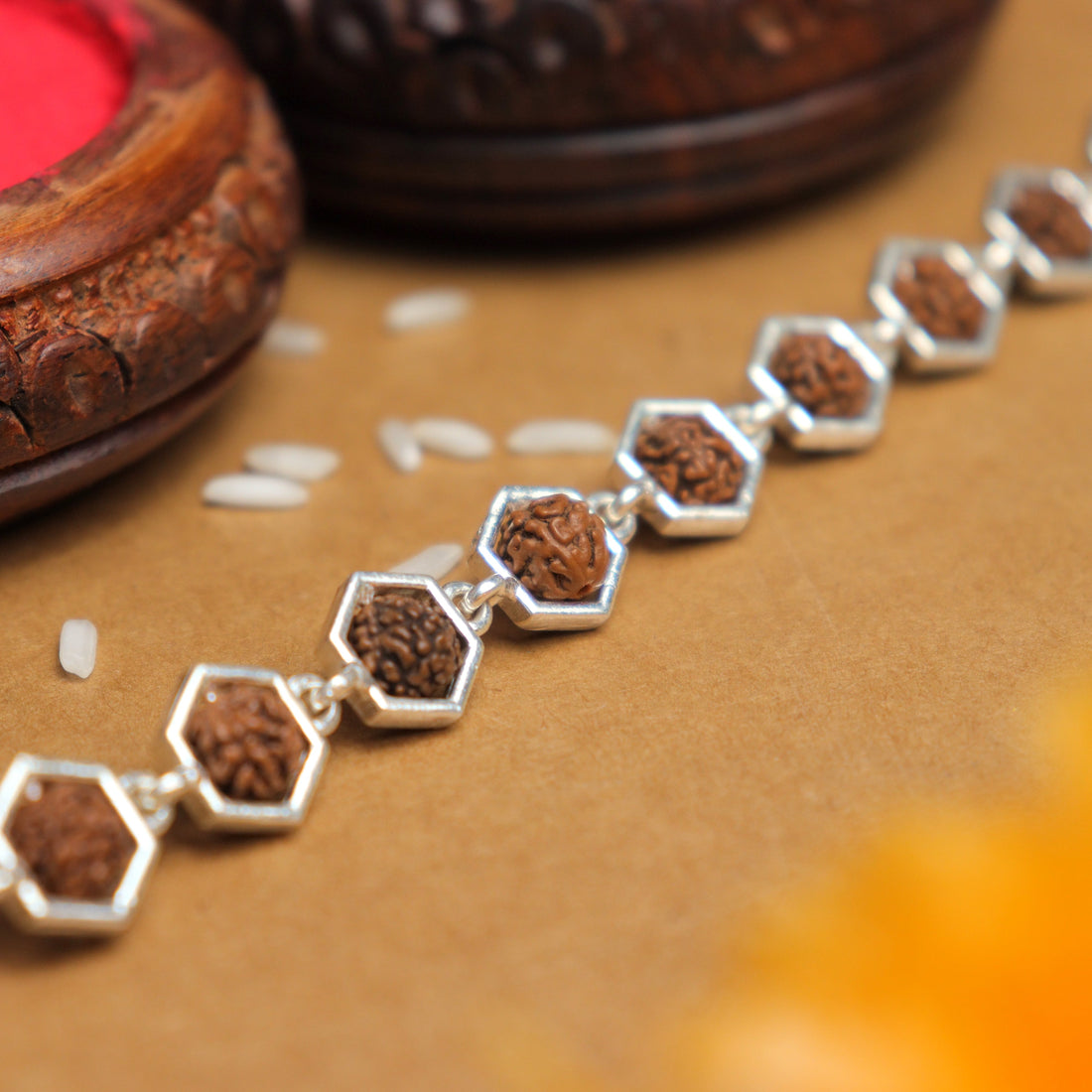 Pure Silver Rakhi with Hexagonal Rudraksha Bracelet