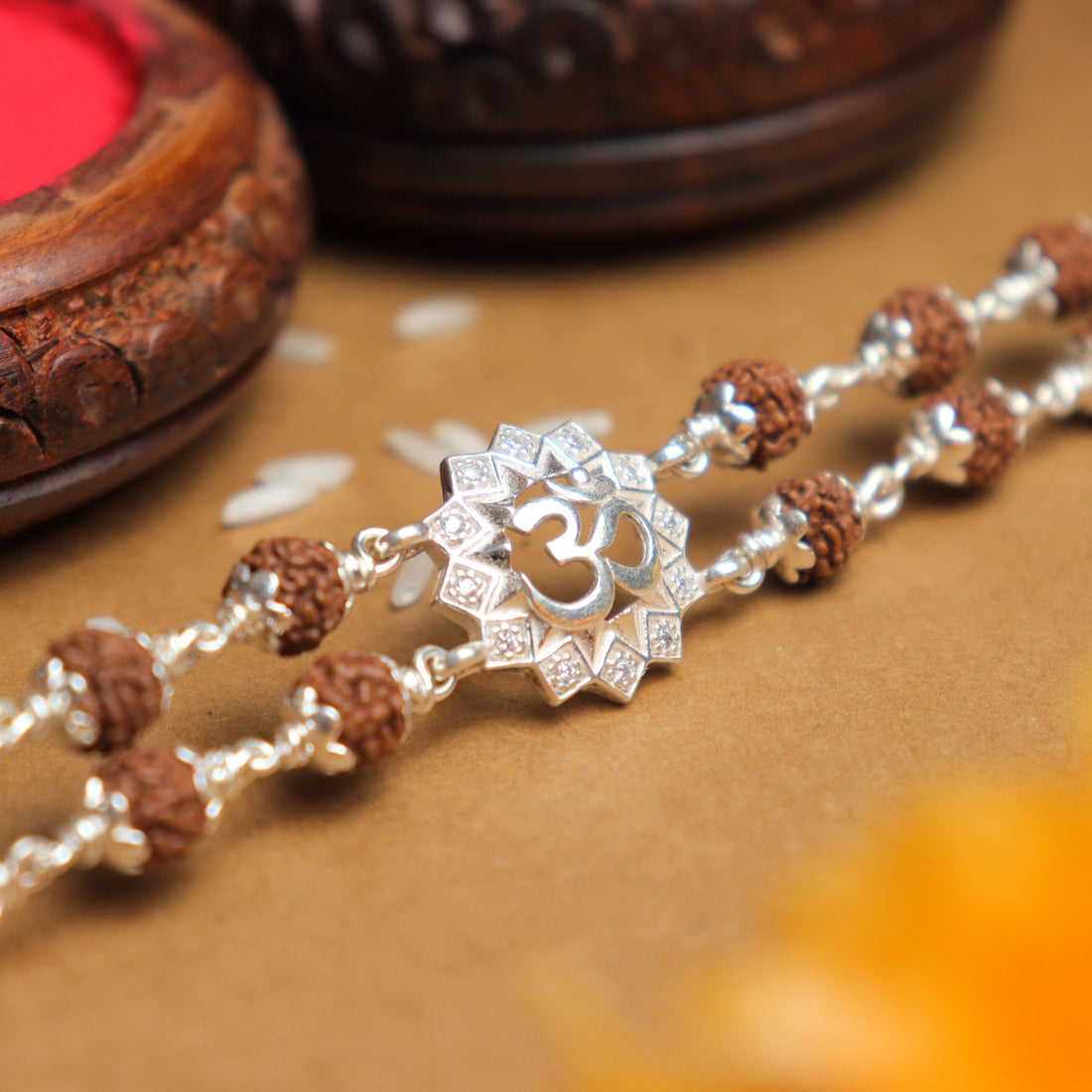 Pure Silver Rakhi with Rudraksha, Om Flower Design, Double Line Bracelet