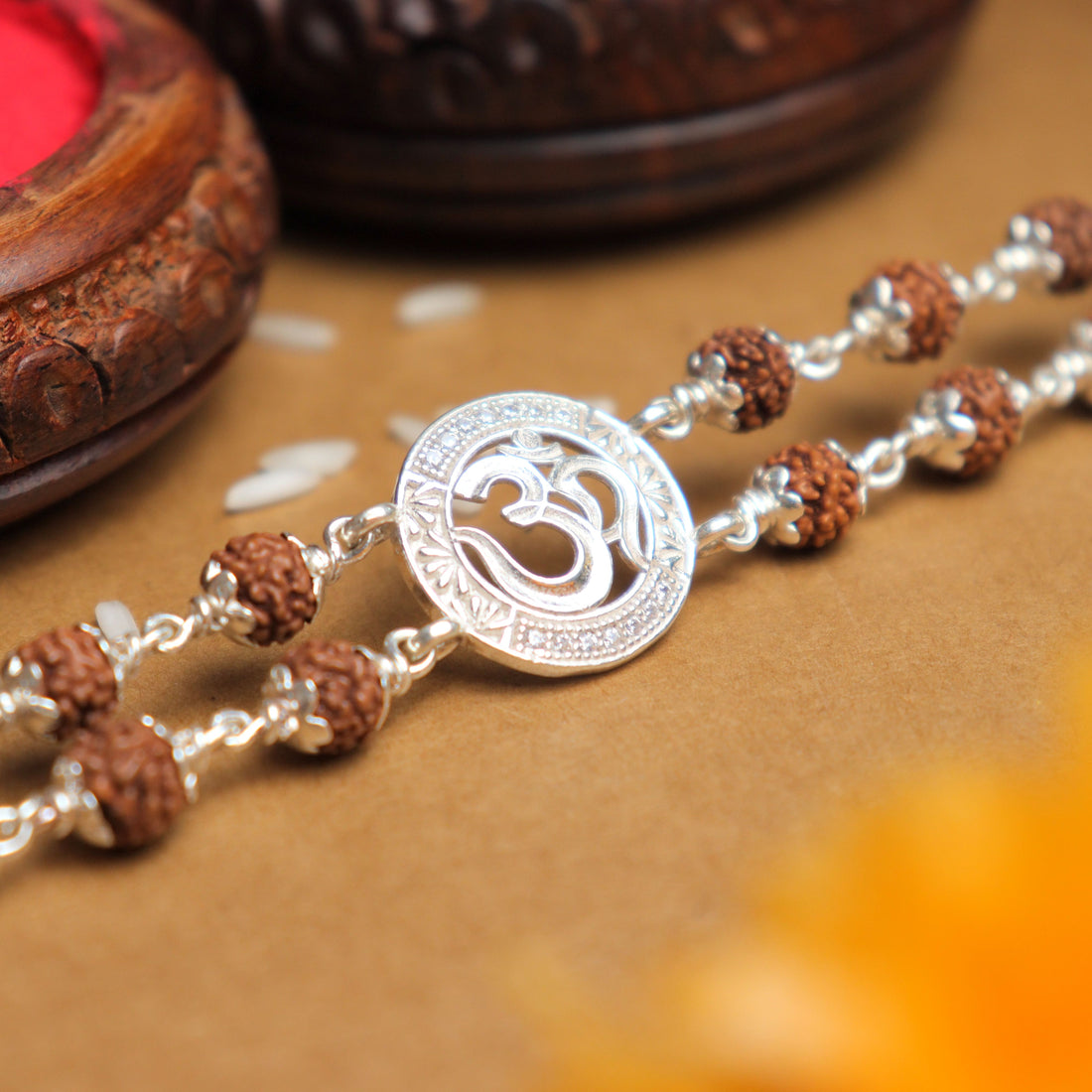 Pure Silver Rakhi with Rudraksha and Om in the Middle, Double Line Design
