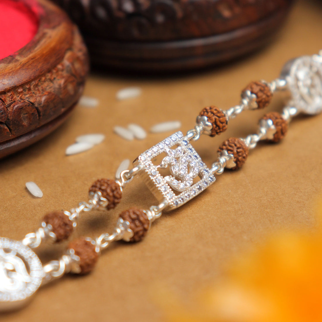 Pure Silver Rakhi with Rudraksha, Om, and Ganesh, Double Line Design