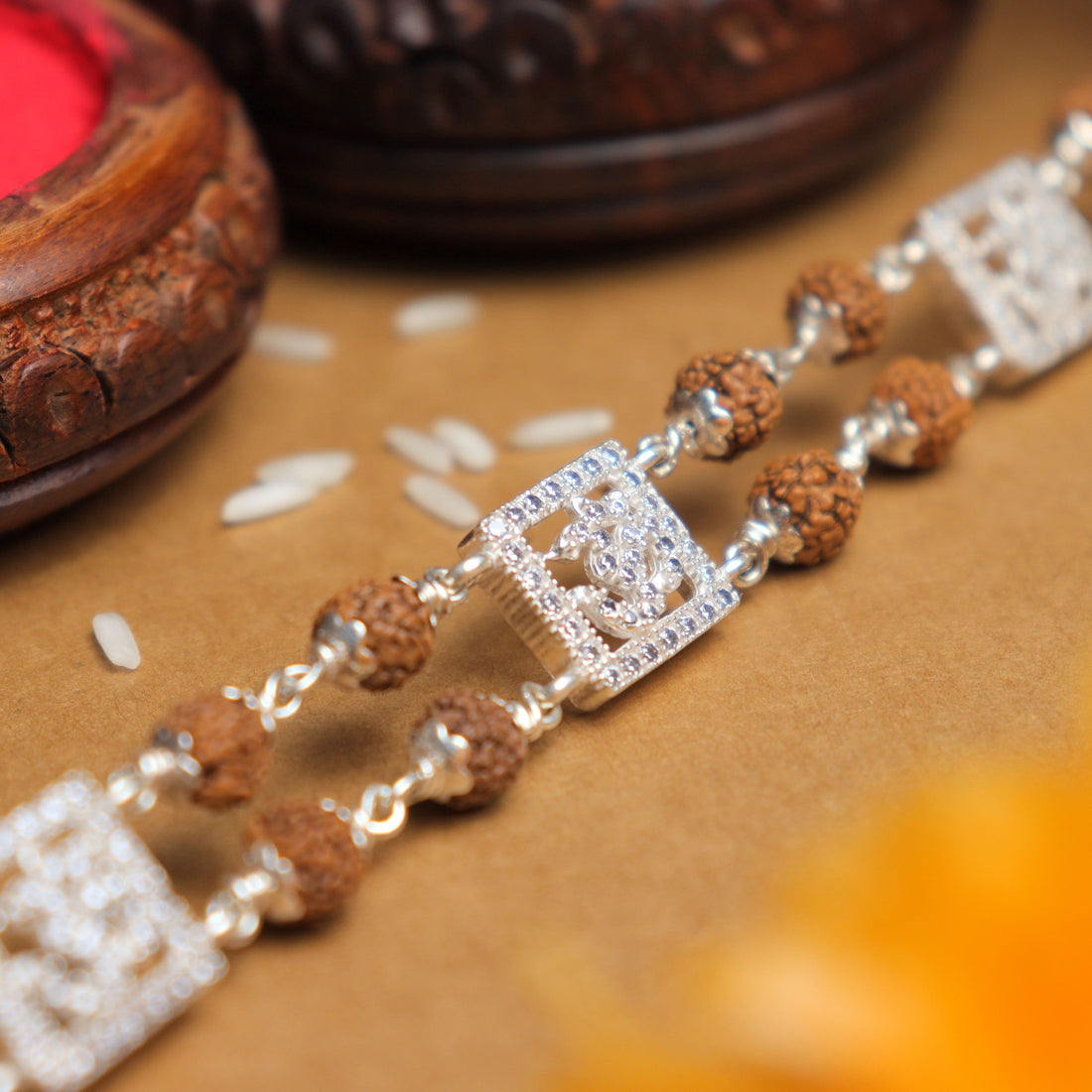Pure Silver Rakhi with Rudraksha and Three Om, Double Line Design