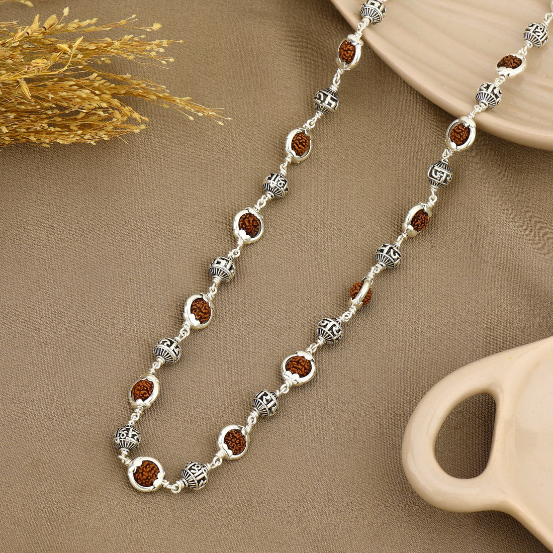 Authentic Rudraksha Capping With Jay Shree Ram Beads Silver Mala