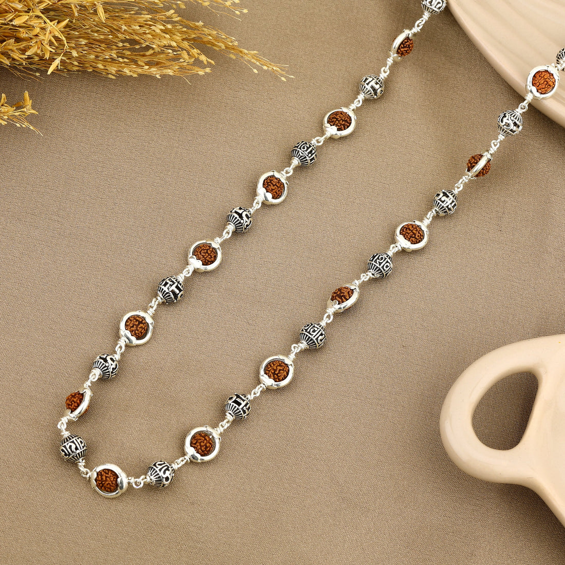 Authentic Rudraksha Capping With Om Namah Shivay Beads Silver Mala