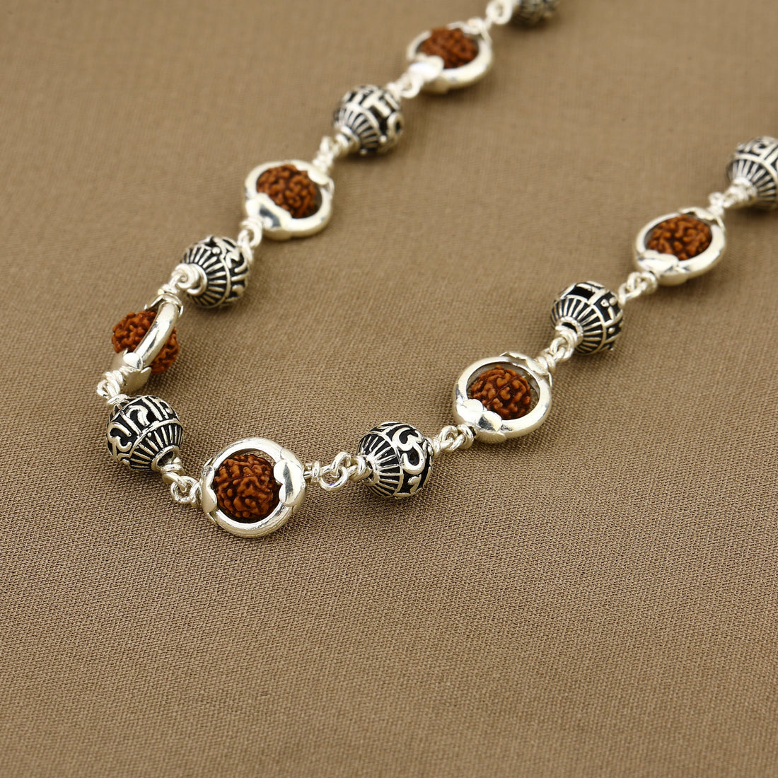 Rudraksha Capping With Om Namah Shivay Beads Silver Mala