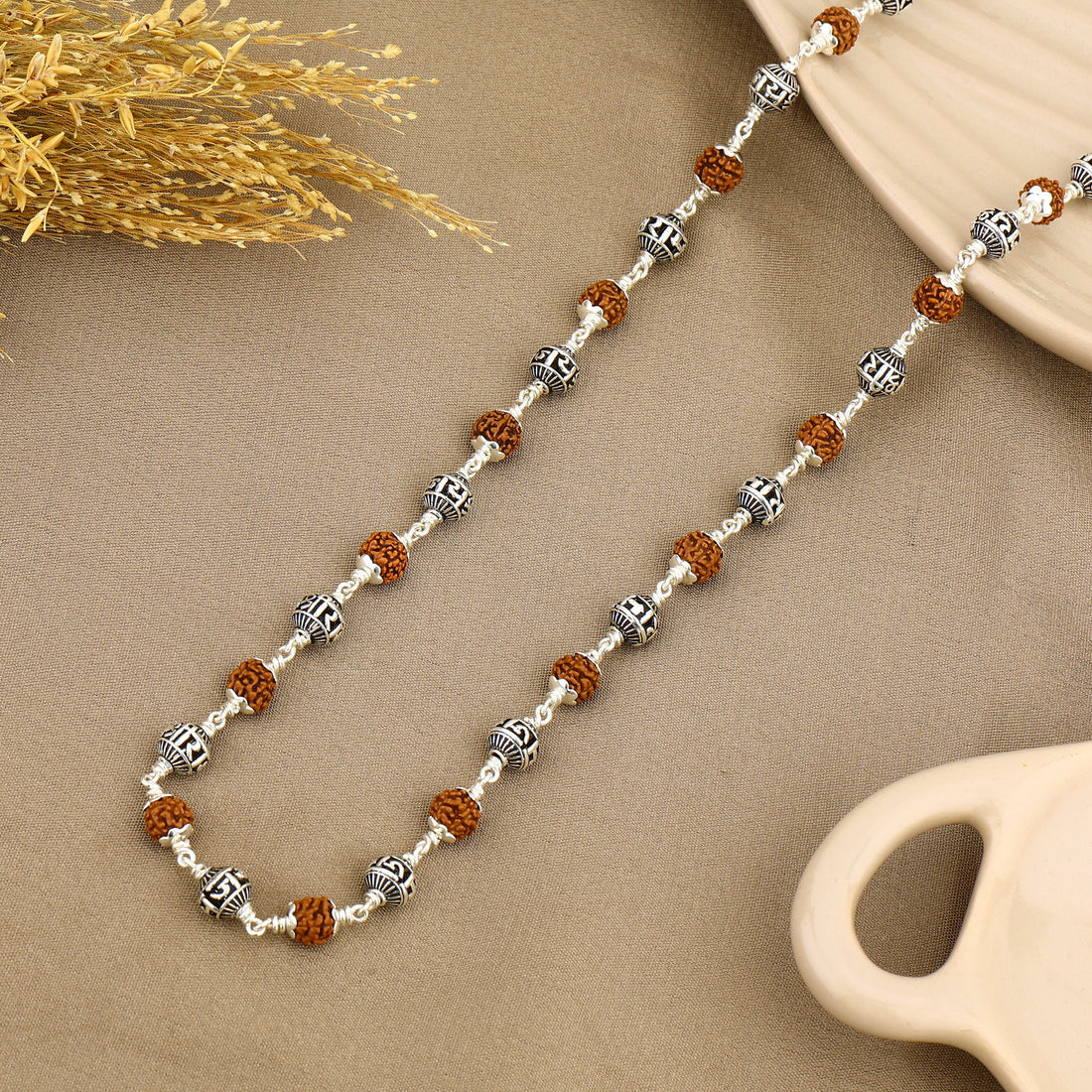 Authentic Rudraksha With Jay Shree Ram Beads Silver Mala
