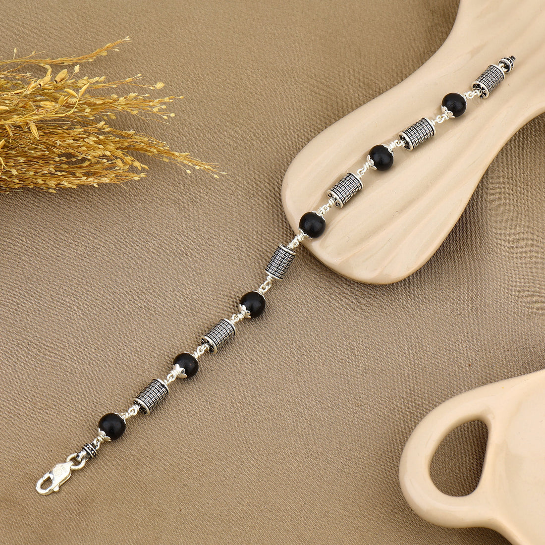 Authentic Karungali with Hollow Cylindrical Silver Bracelet