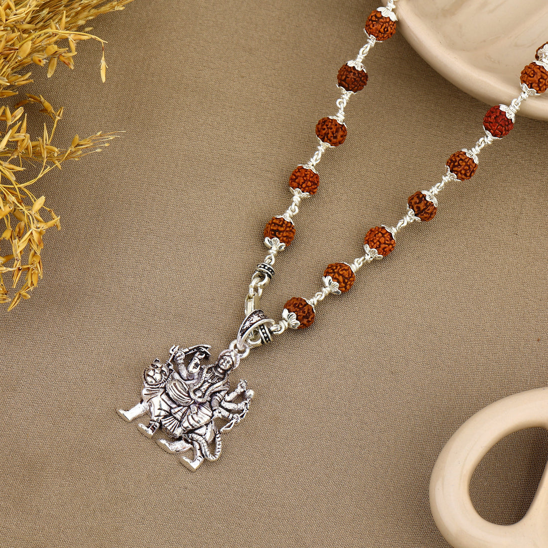 Maa Durga Silver Pendant with Rudraksha Beads