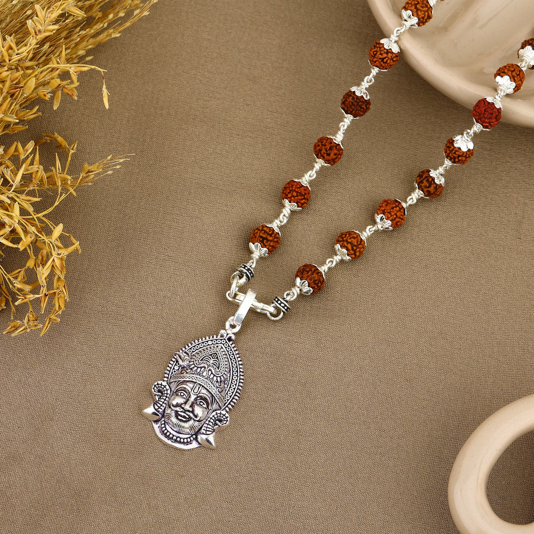 Khatu Shyam Baba Silver Pendant with Rudraksha Beads