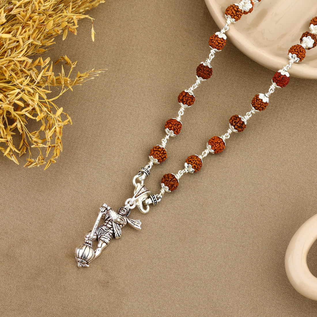 Lord Hanuman Silver Pendant with Rudraksha Beads