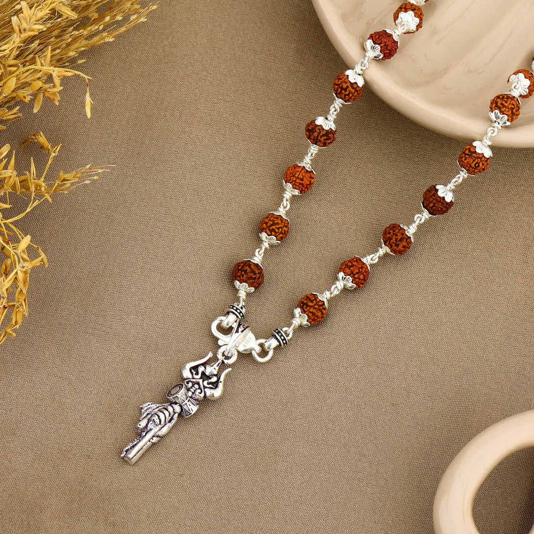 Trishul Damru Silver Pendant with Rudraksha Beads