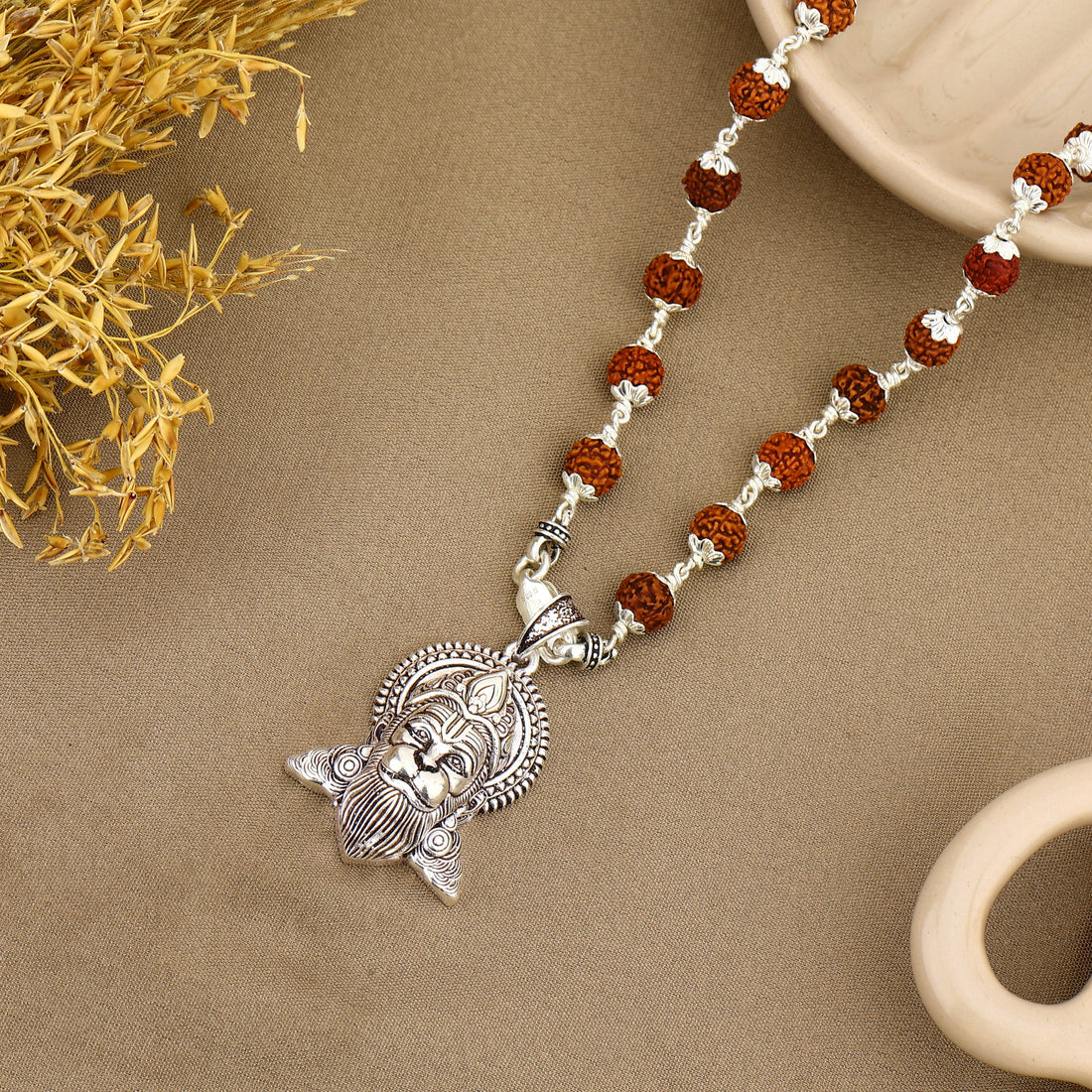 Pawanputra Hanuman Silver Pendant with Rudraksha Beads