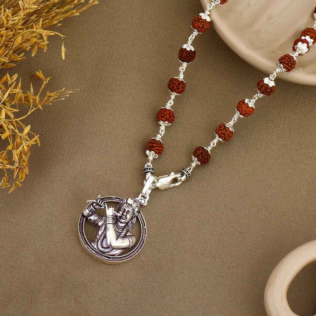 Lord Krishna Silver Pendant with Rudraksha Beads