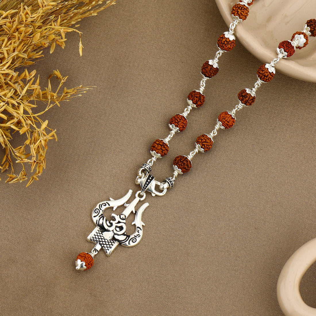Om Trishul Mahakal Rudraksha Silver Pendant with Rudraksha beads