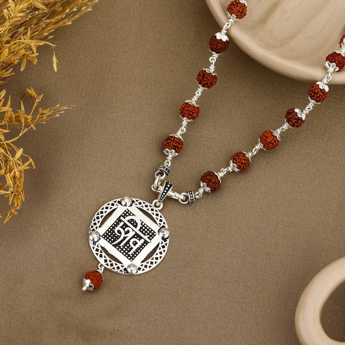 Sacred Mantra Shiva Silver Pendant with Rudraksha beads