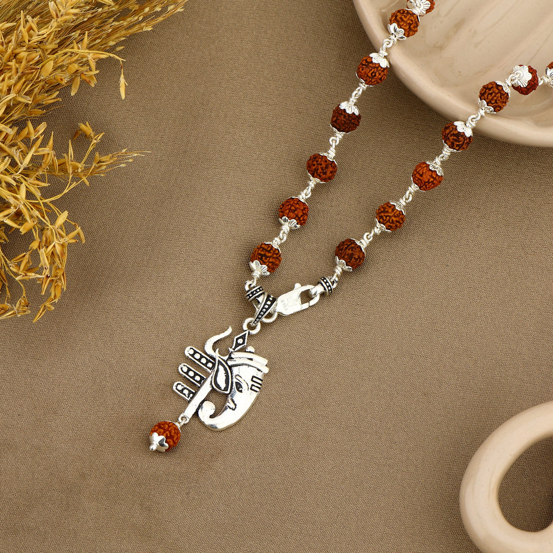 Mahadev Trishul With Ganesha Silver Pendant with Rudraksha beads
