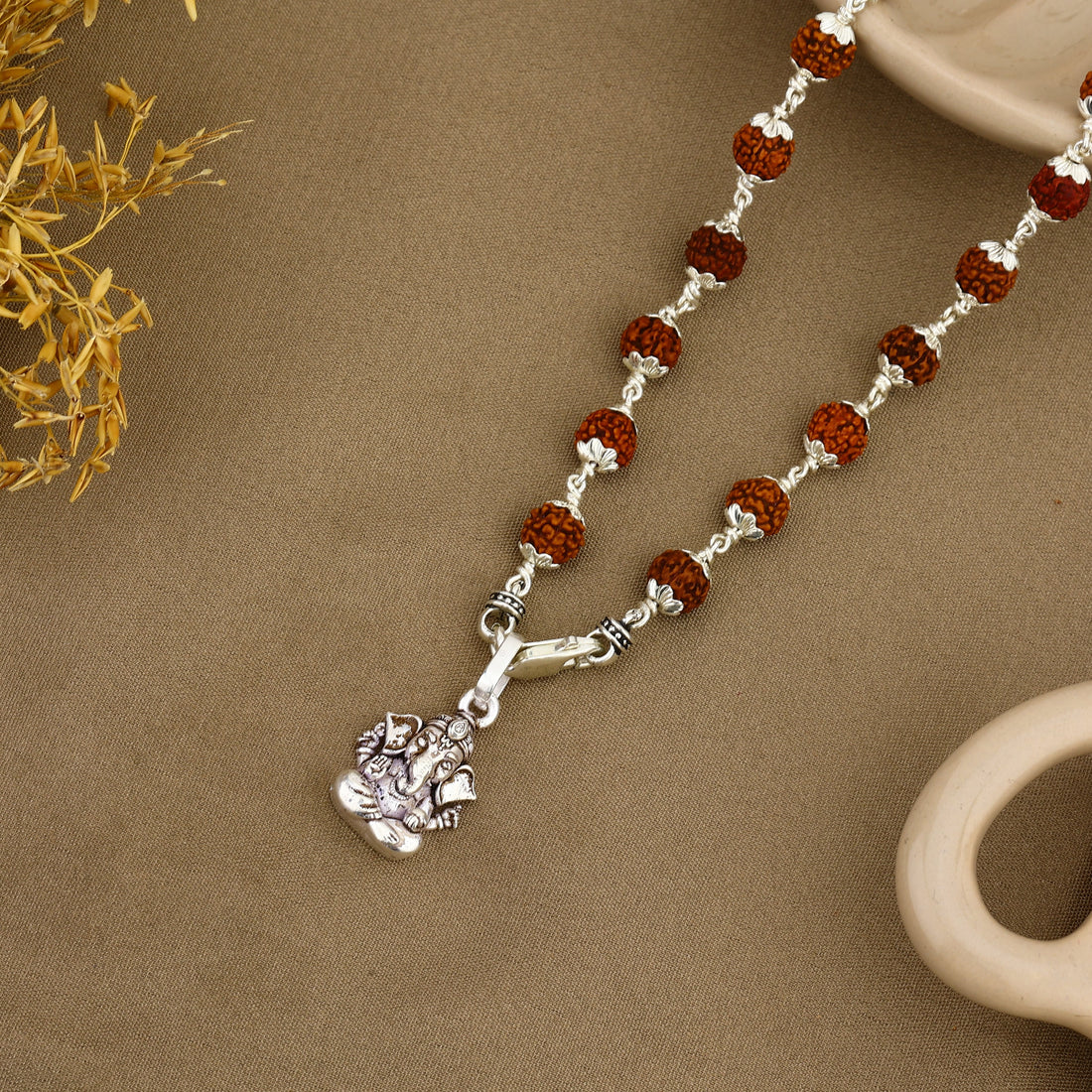 Ganpati Bappa Silver Pendant with Rudraksha Beads